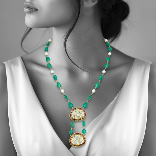 Emerald and Pearl Necklace with Dual Polki Pendants